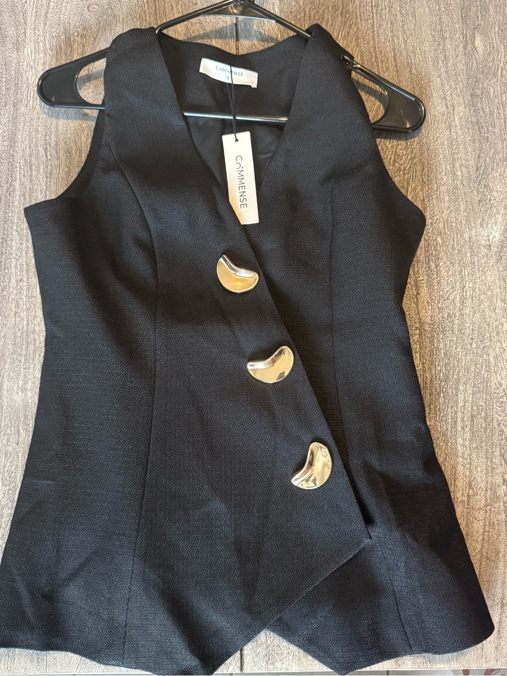 Commense Black One-Shoulder Sleeveless Dress with Gold Buttons
